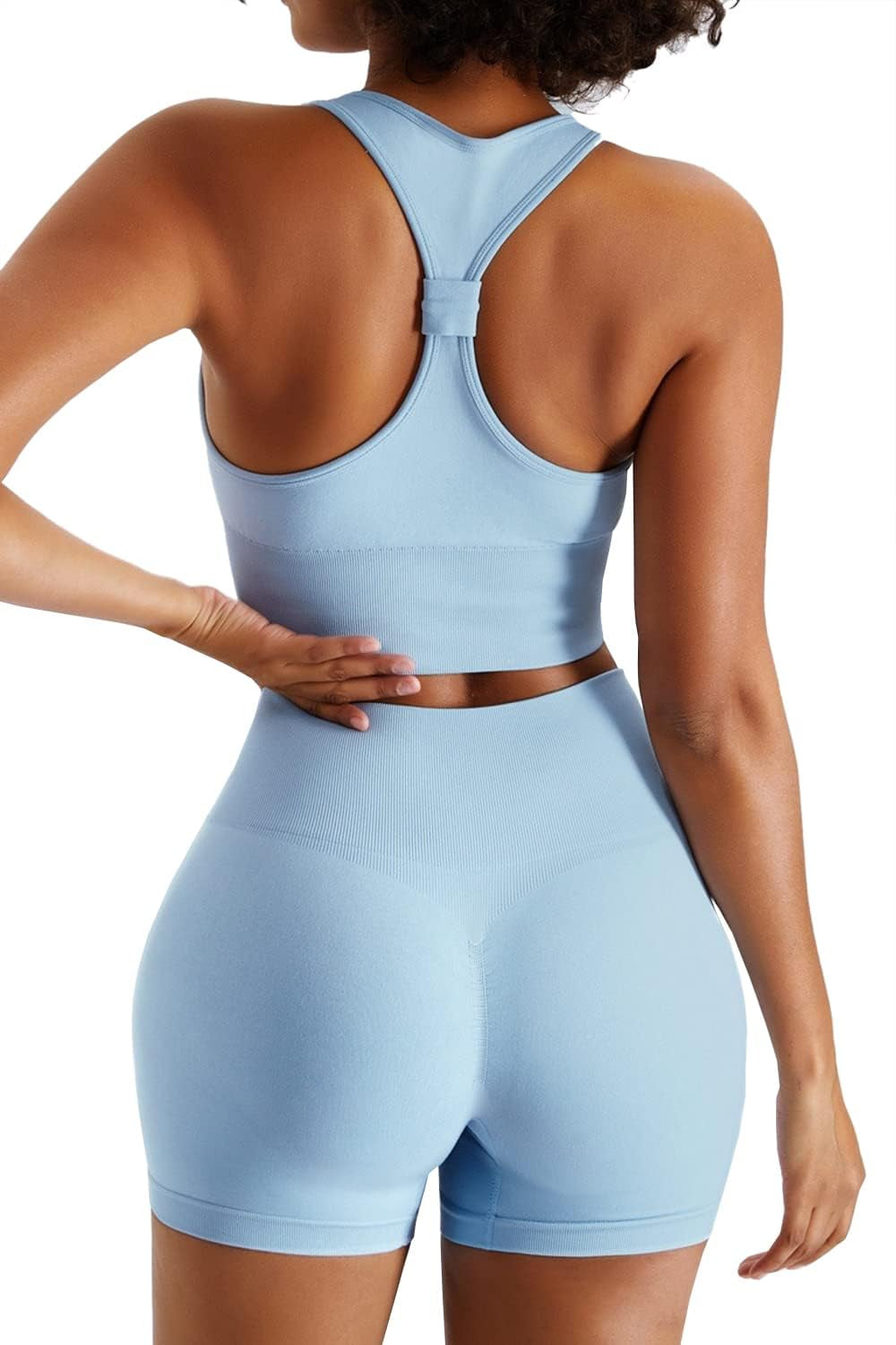Women'S 2 Piece Seamless Workout Set High Waist Shorts Racerback Sports Bra Gym Clothes Yoga Set