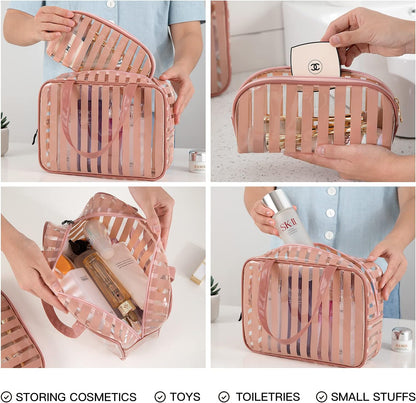 Clear Toiletry Bag Handle Travel Makeup Organizer Bag，Thick PVC Zippered Carry Pouch Waterproof Wash Bag Shoulder Bag Beach Bag (Pink)