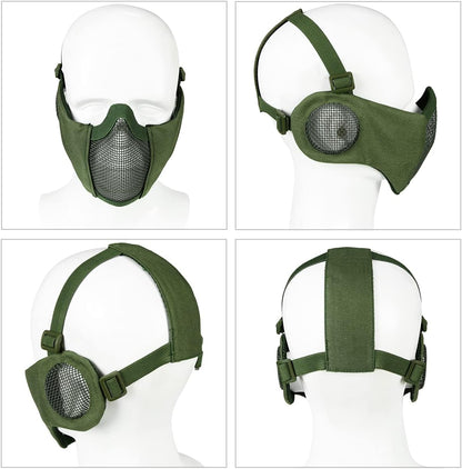 Airsoft Protective Gear Set, Half Face Mesh Mask with Ear Protection and Tactical Goggles for Adult Men Women BBS Paintball Shooting CS Survival Games Cosplay